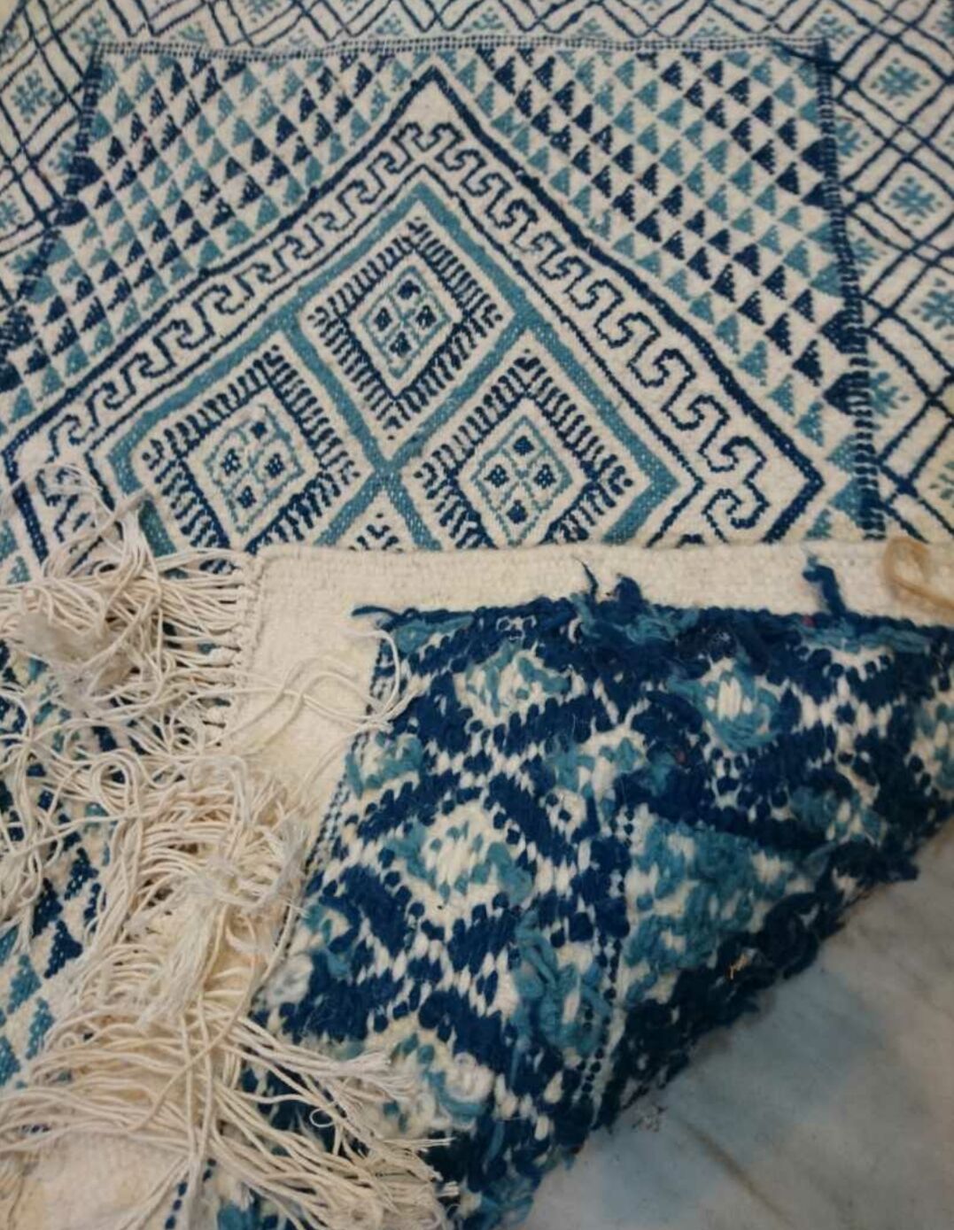 Berber carpet white and blue wool handmade