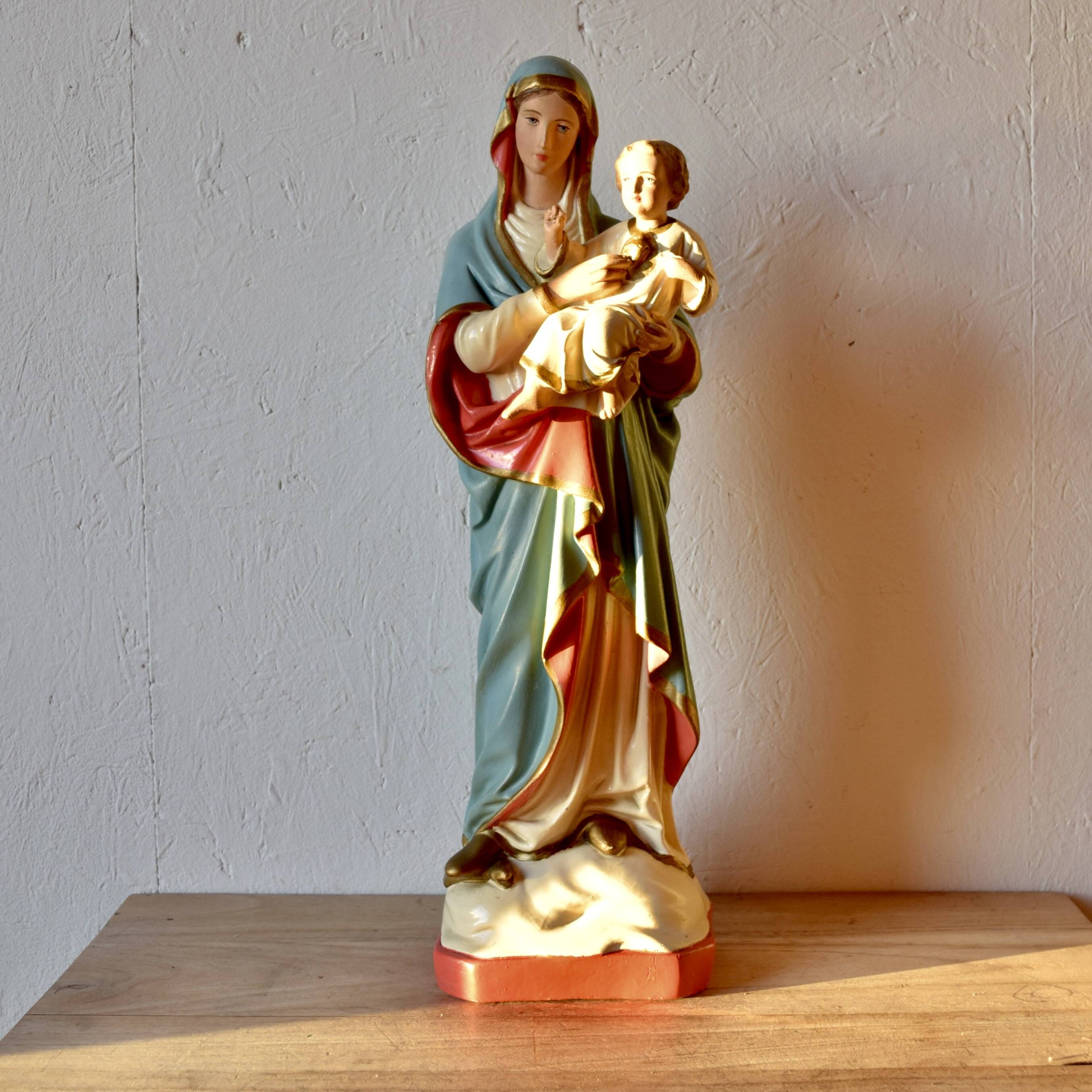 Ancient plaster statue of the Virgin and Child Jesus - hand painted - 54 cm - 1936
