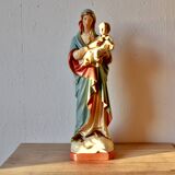 Ancient plaster statue of the Virgin and Child Jesus - hand painted - 54 cm - 1936
