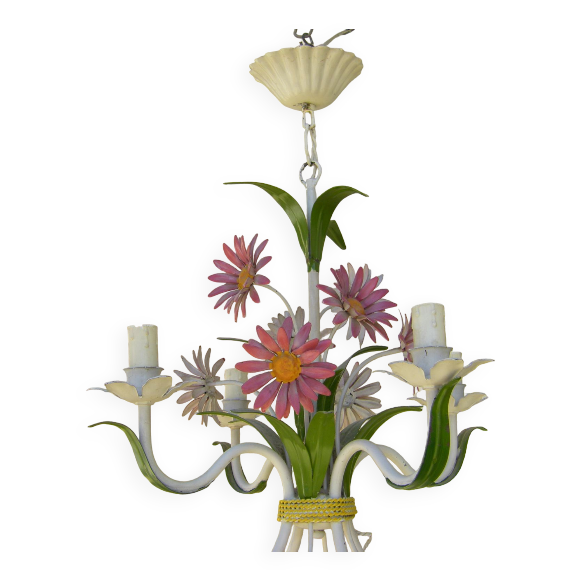 Vintage chandelier in painted sheet metal with flowers