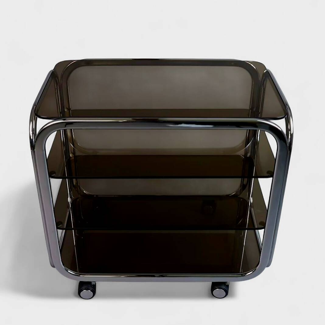 Vintage 80s Side Table – Smoked Glass & Chrome