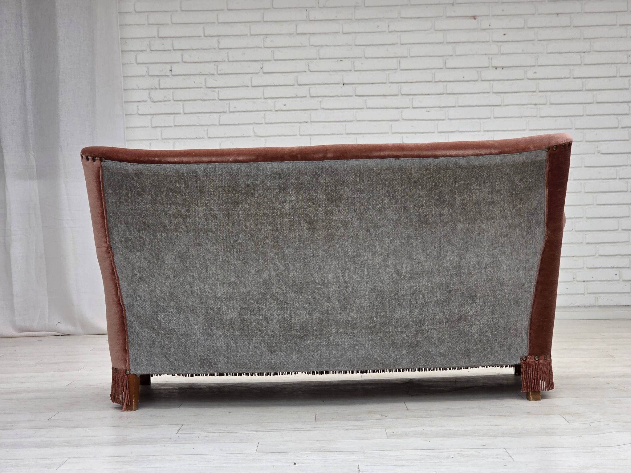 1970s, Danish 2-seater sofa, salmon pink furniture velour, beech wood.