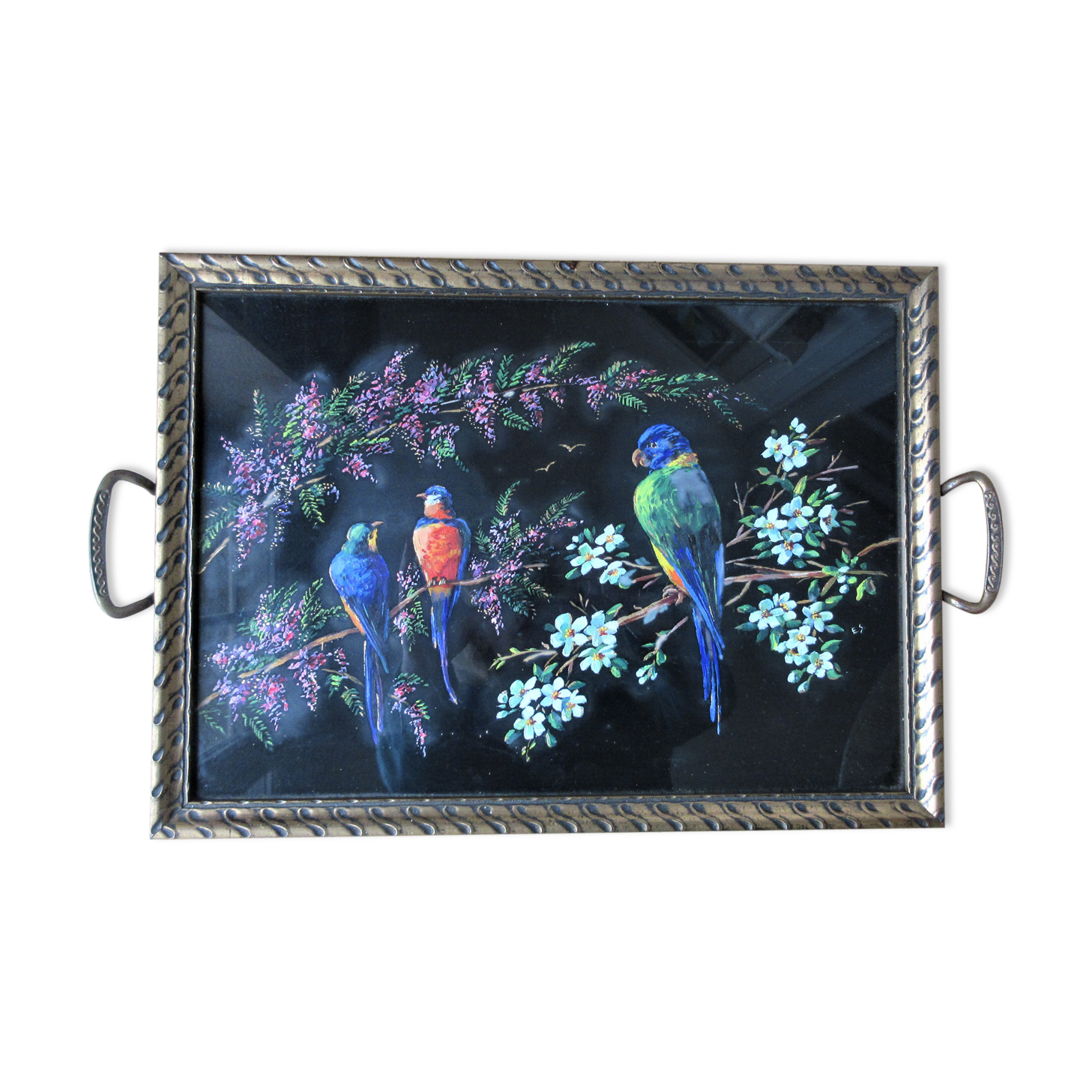 Art deco tray parrot parakeets