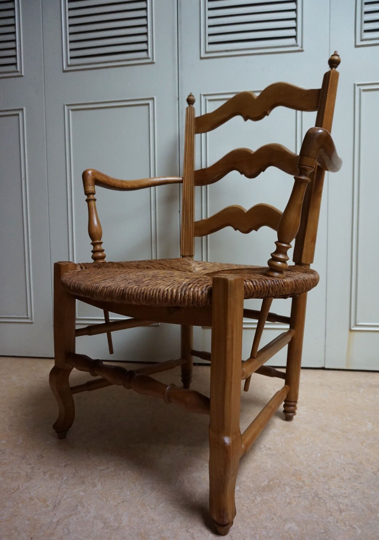 French country provence beech wood armchair with rush wicker seat