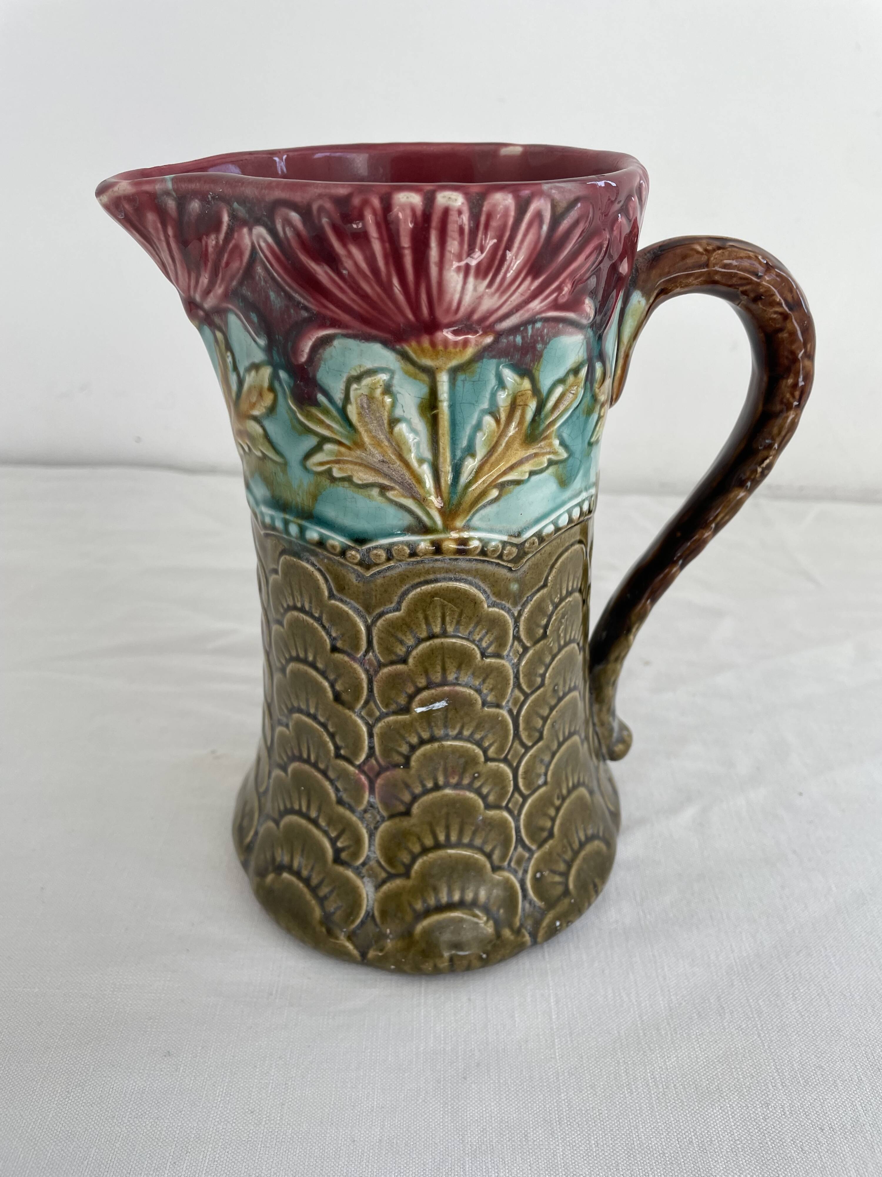 Slip pitcher, Orchies, jug, majolica, earthenware, floral decoration