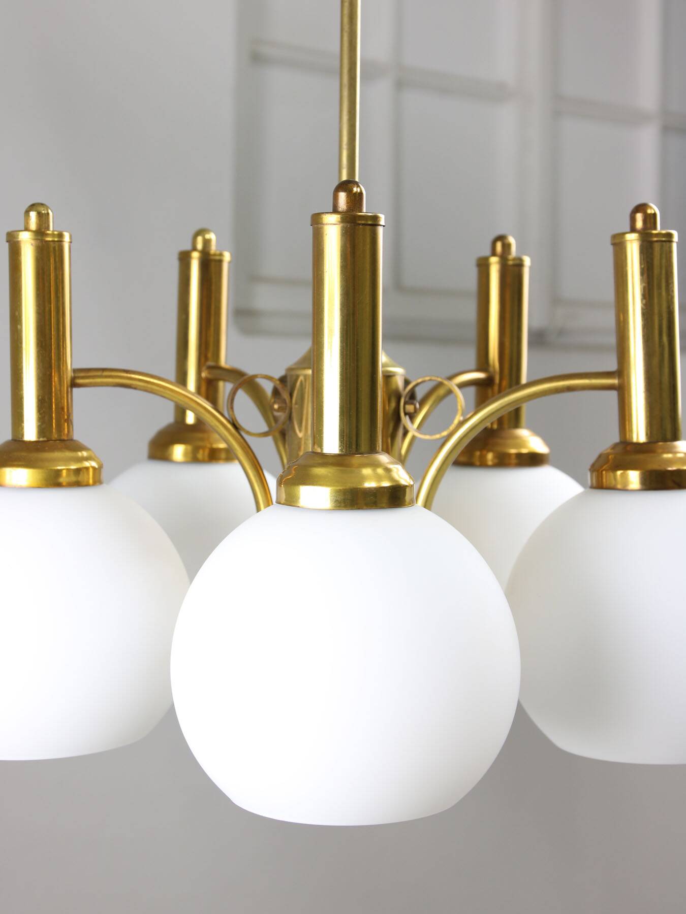 Mid-century Italian Brass and Opaline Chandelier