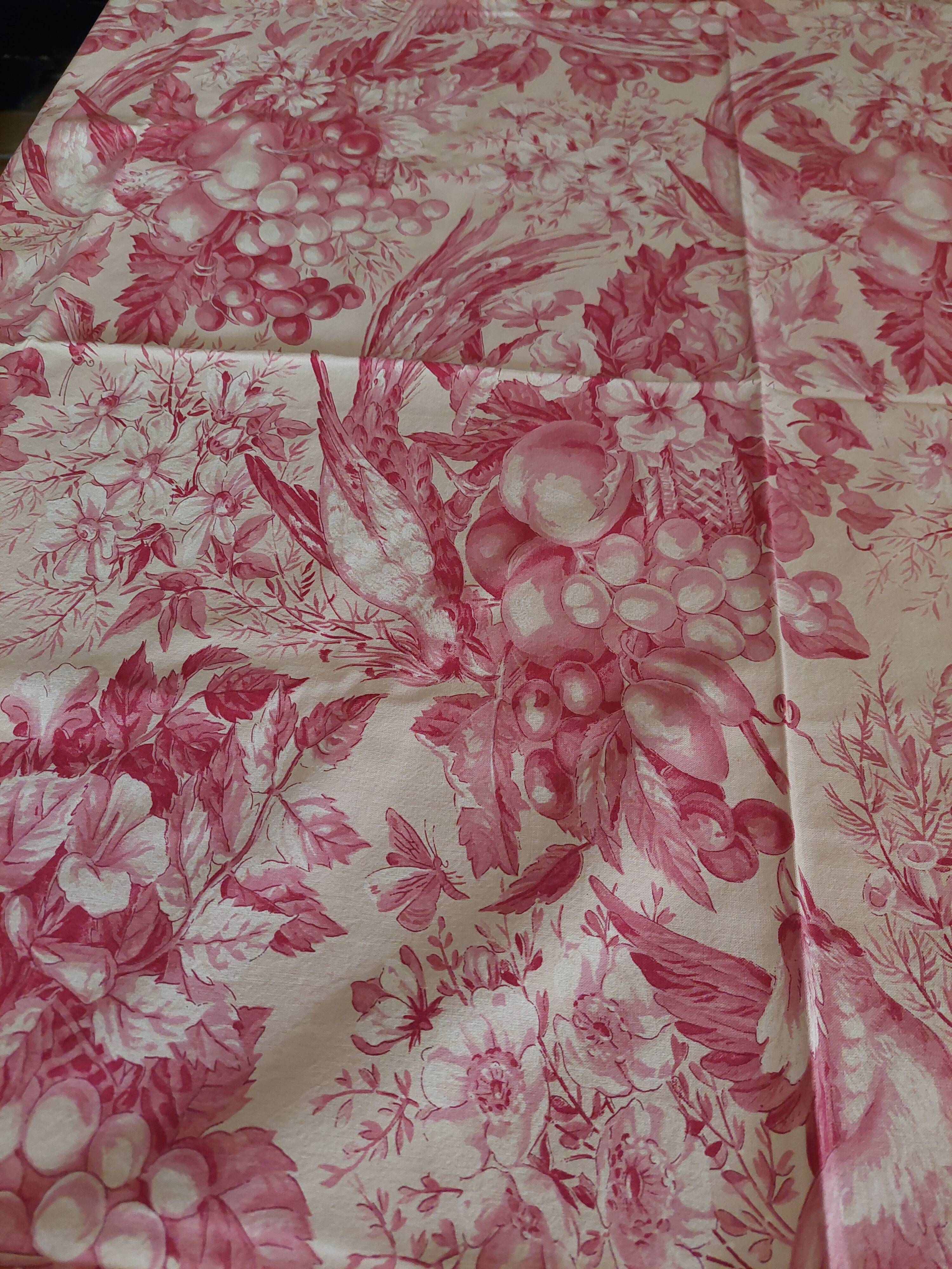 Vintage cotton tablecloth with birds and pink flowers 135 X 145 cm