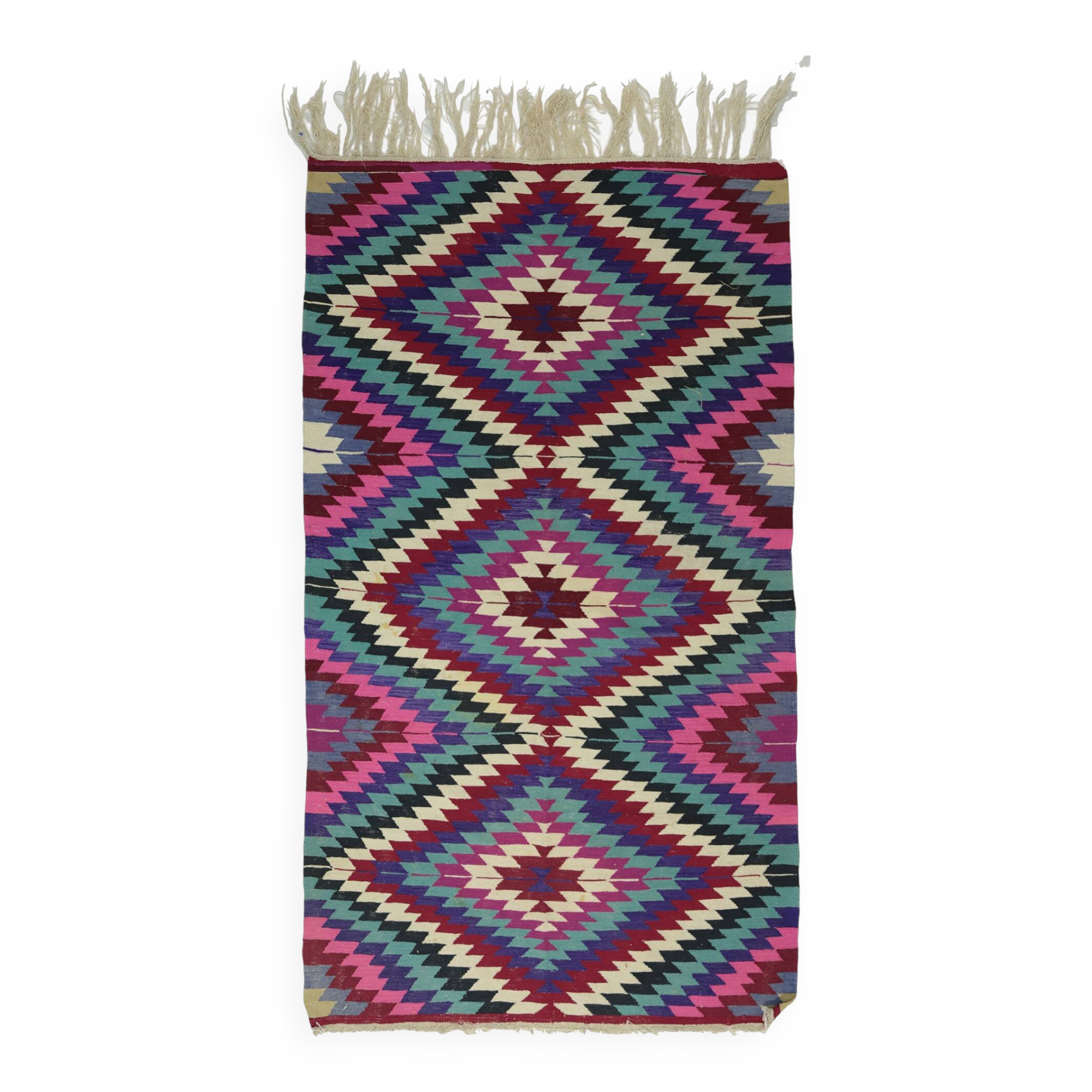 Turkish Kilim Yuruk Vintage 136x245 cm Geometric Pink Green Purple