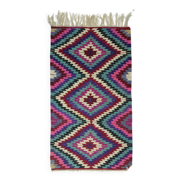 Turkish Kilim Yuruk Vintage 136x245 cm Geometric Pink Green Purple