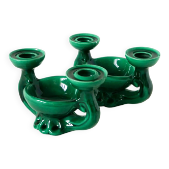 Pair of ceramic candlesticks with integrated pocket tray, green, 1960.