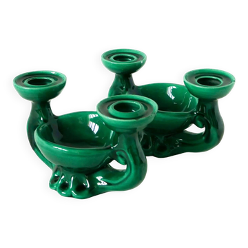 Pair of ceramic candlesticks with integrated pocket tray, green, 1960.