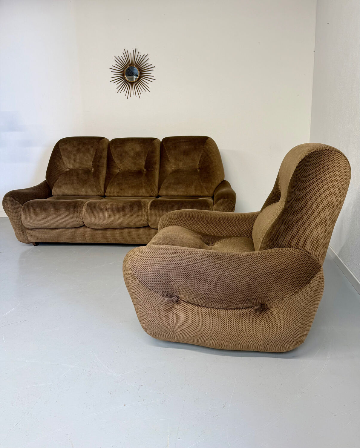 Lot of 2 cosy fabric armchairs, French design, vintage 1970s.