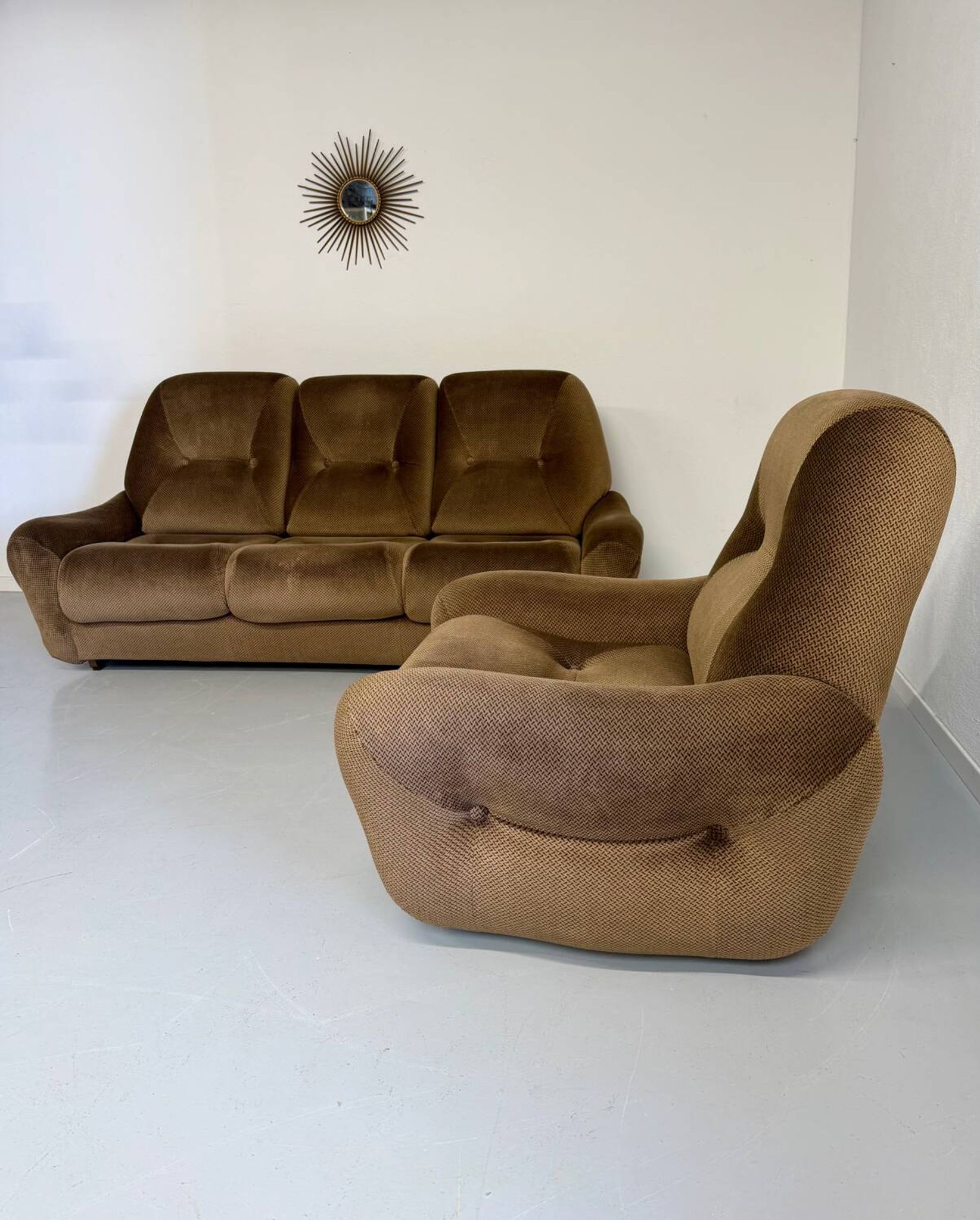 Lot of 2 cosy fabric armchairs, French design, vintage 1970s.