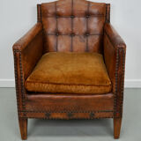 French cognac leather buttoned back club chair
