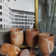 Four potter's mugs turned in vintage light stoneware