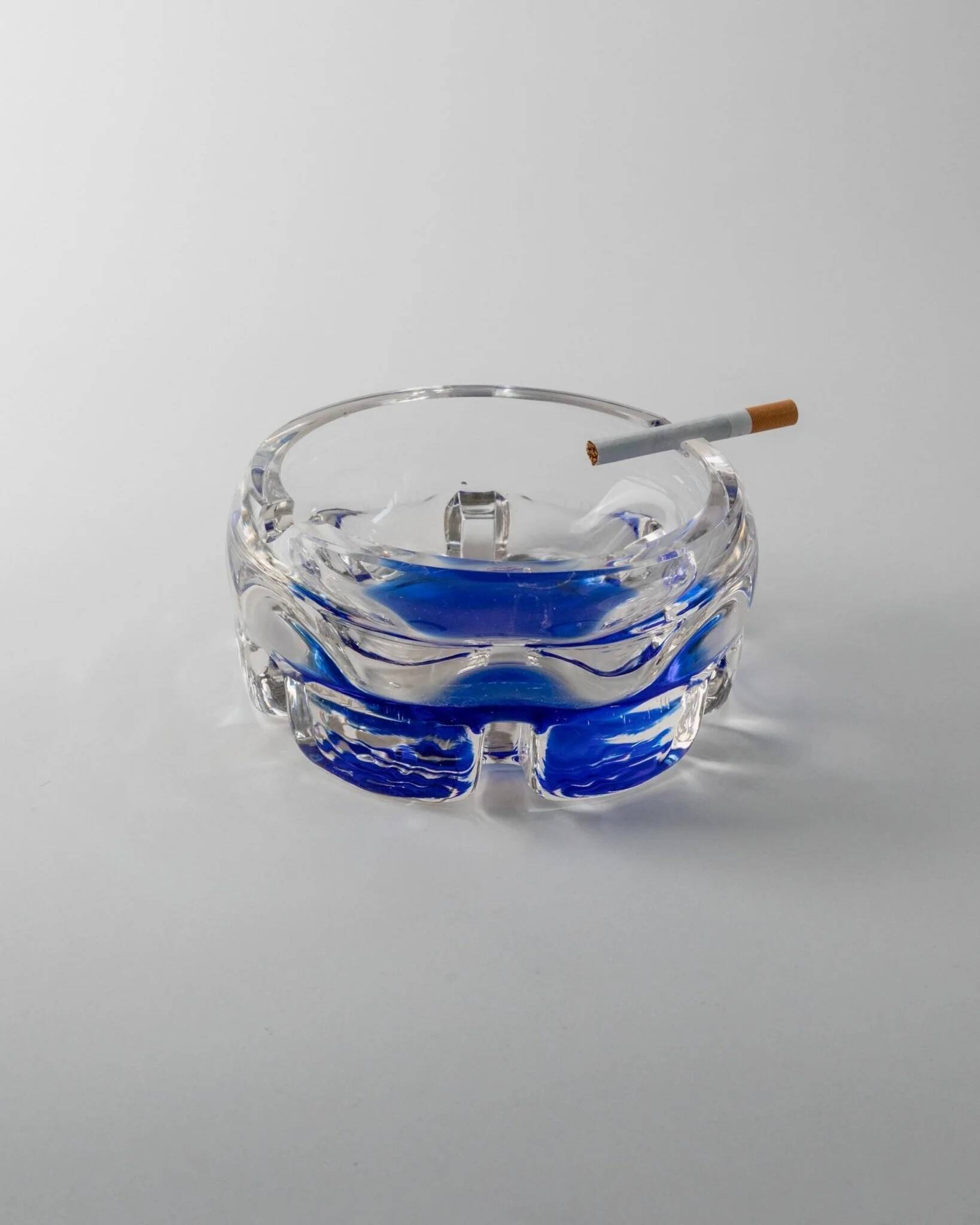 Vintage Murano Glass Ashtray: clear glass with cobalt-blue bubble, mid-century Italian design