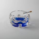 Vintage Murano Glass Ashtray: clear glass with cobalt-blue bubble, mid-century Italian design
