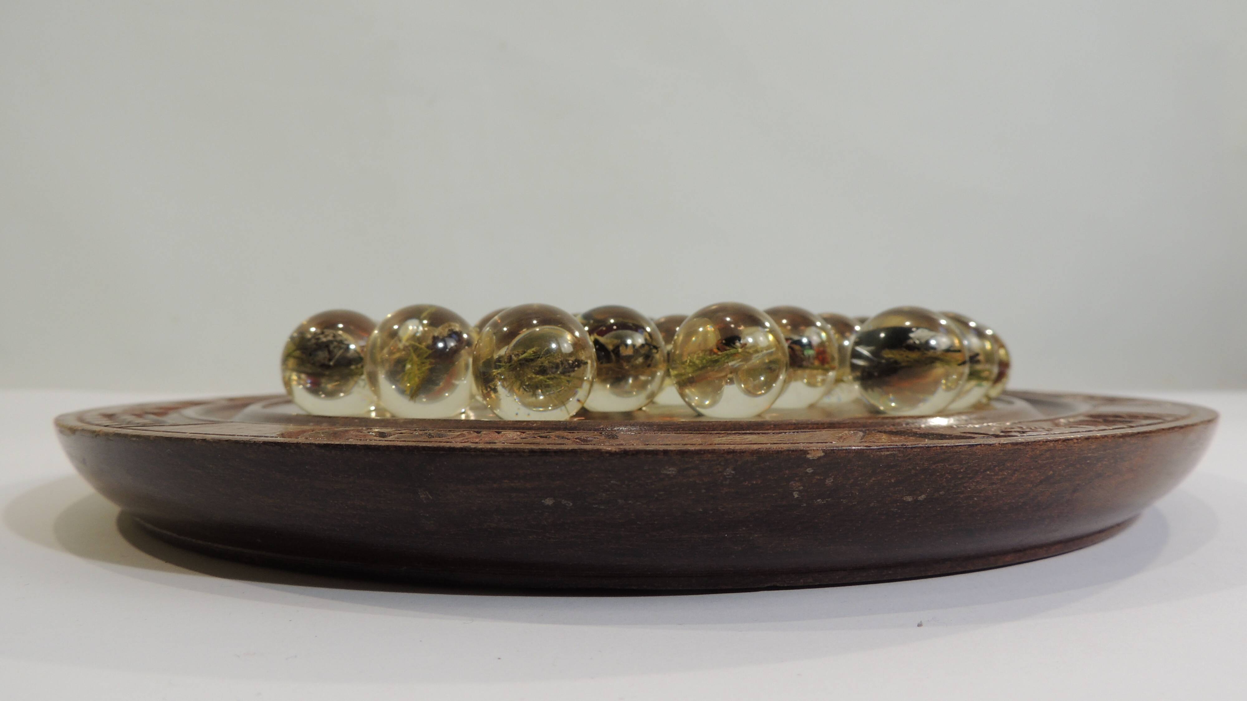 Vintage wooden carved solitaire game – Resin balls with insects –