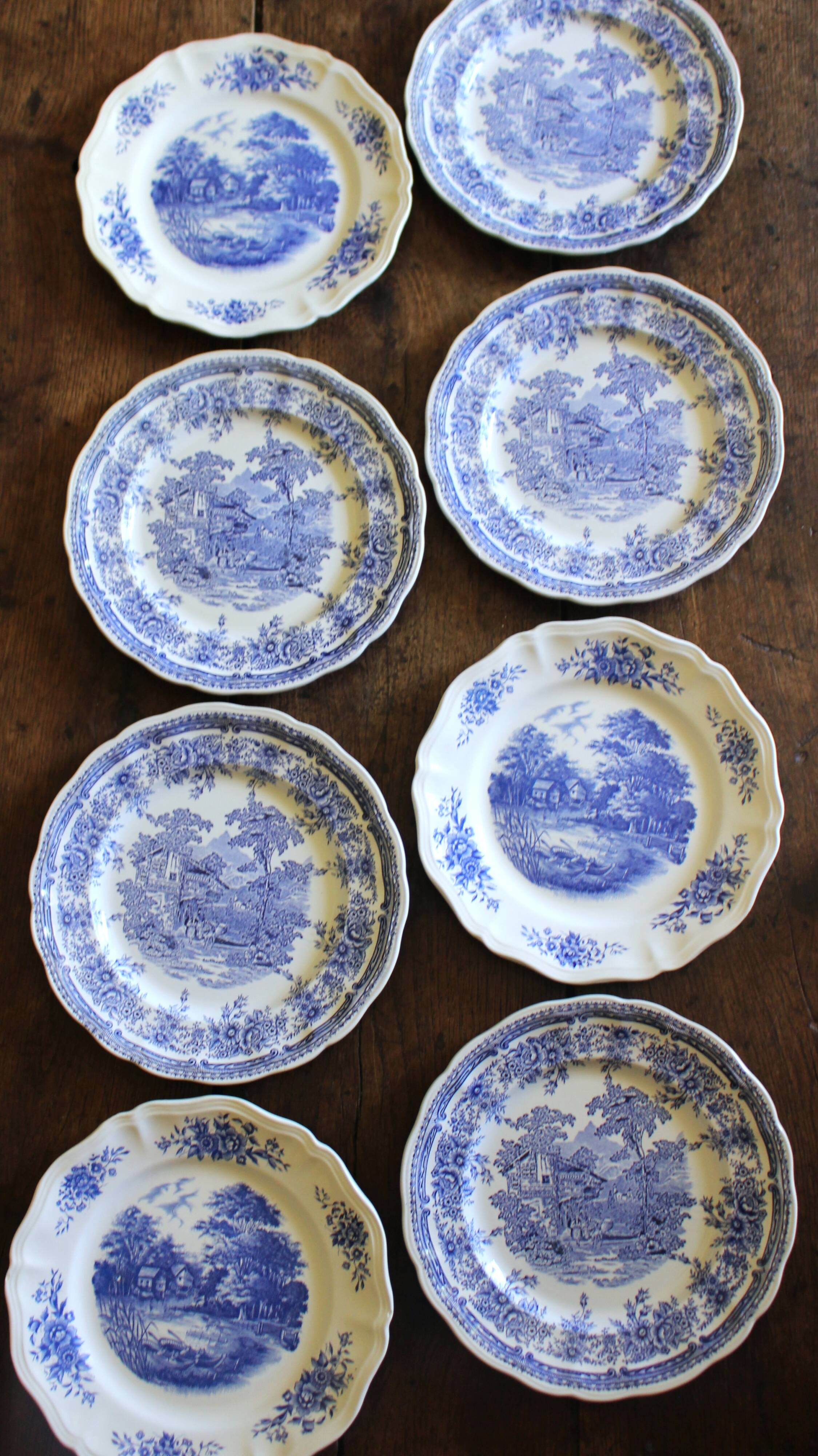 8 romantic blue Lunéville Sarreguemines dinner plates
