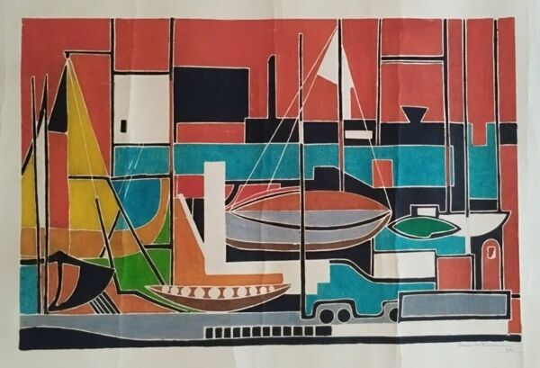 Gouache sur papier signée milieu XXème bateaux port 1959