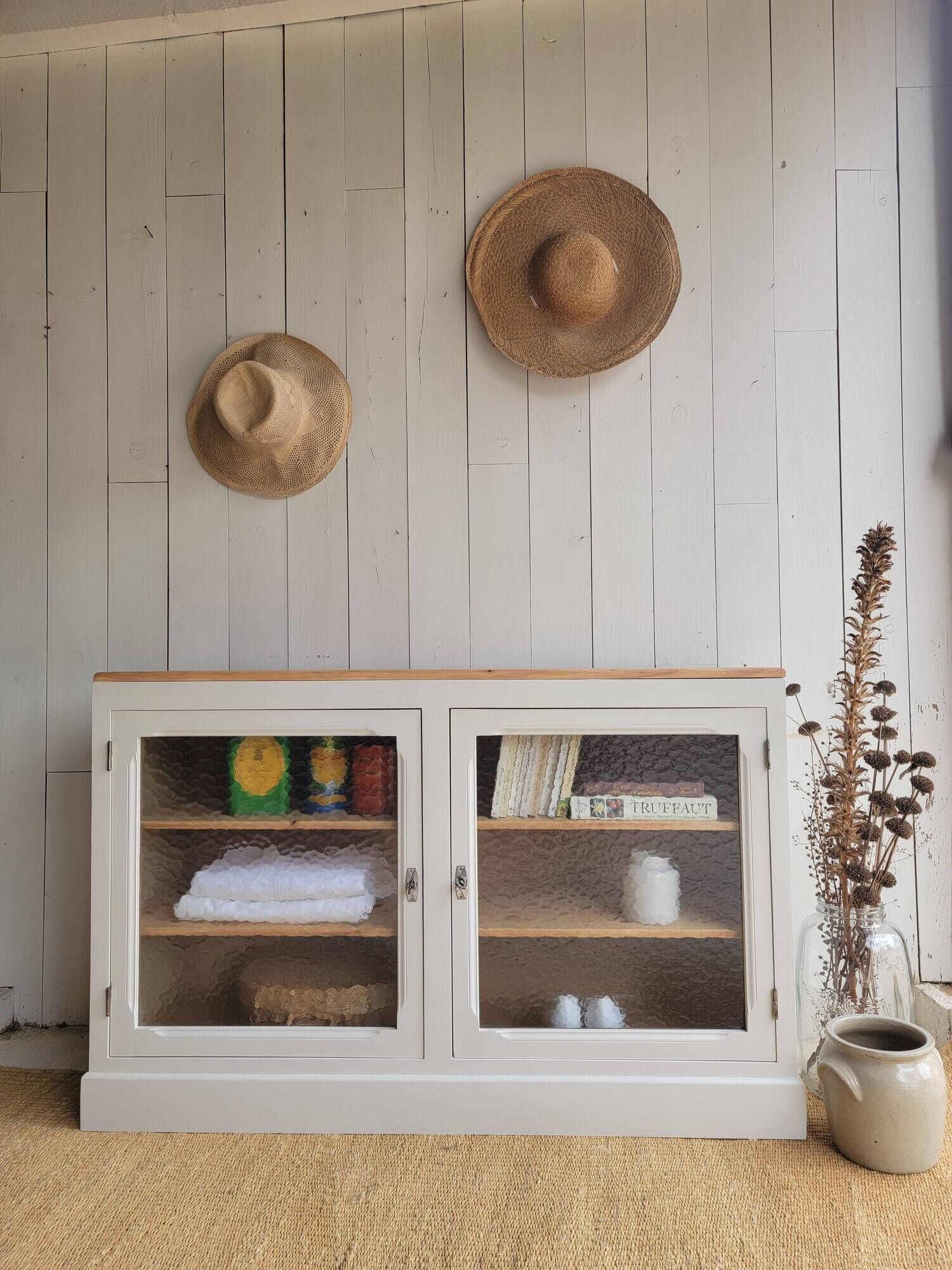 Beige glass and wood sideboard