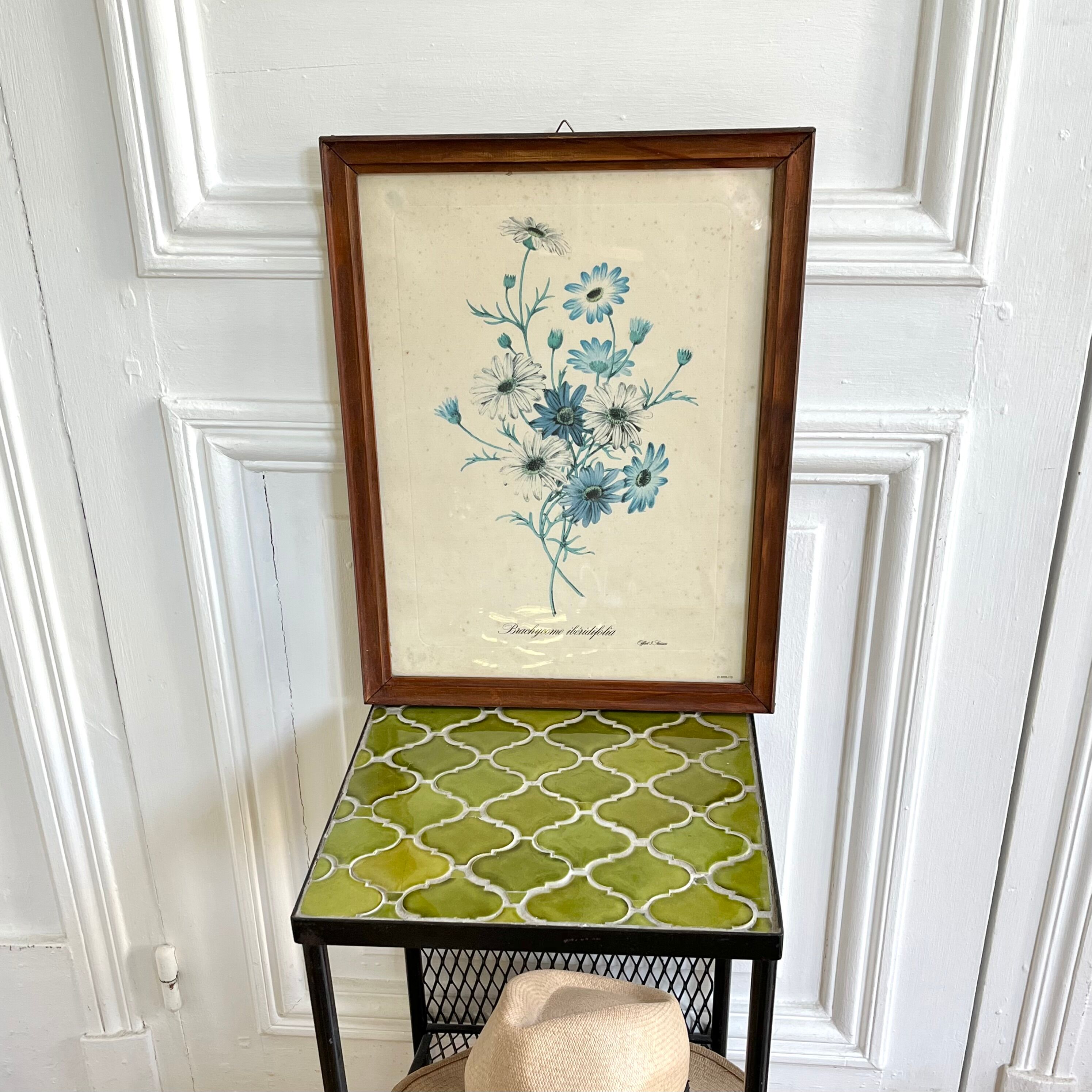Vintage botanical board frame with blue flowers
