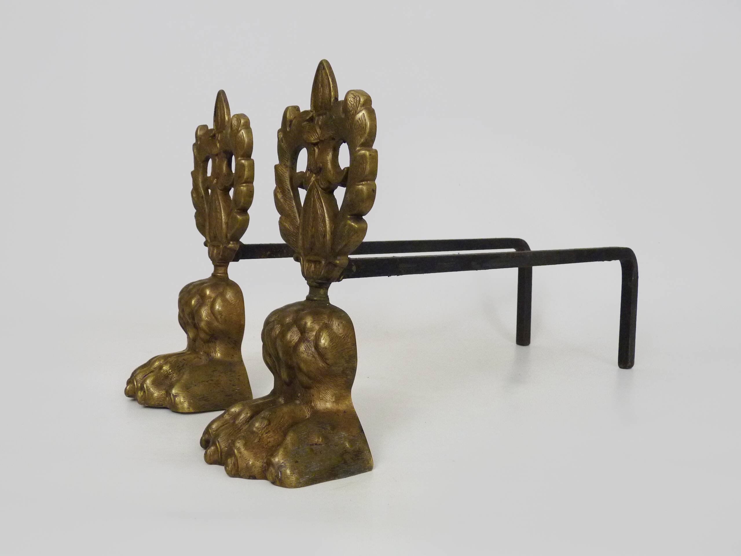 Pair of bronze fire dogs with lion paws. Early 20th century.