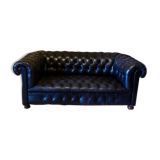 Canapé Chesterfield en cuir noir véritable 3 places