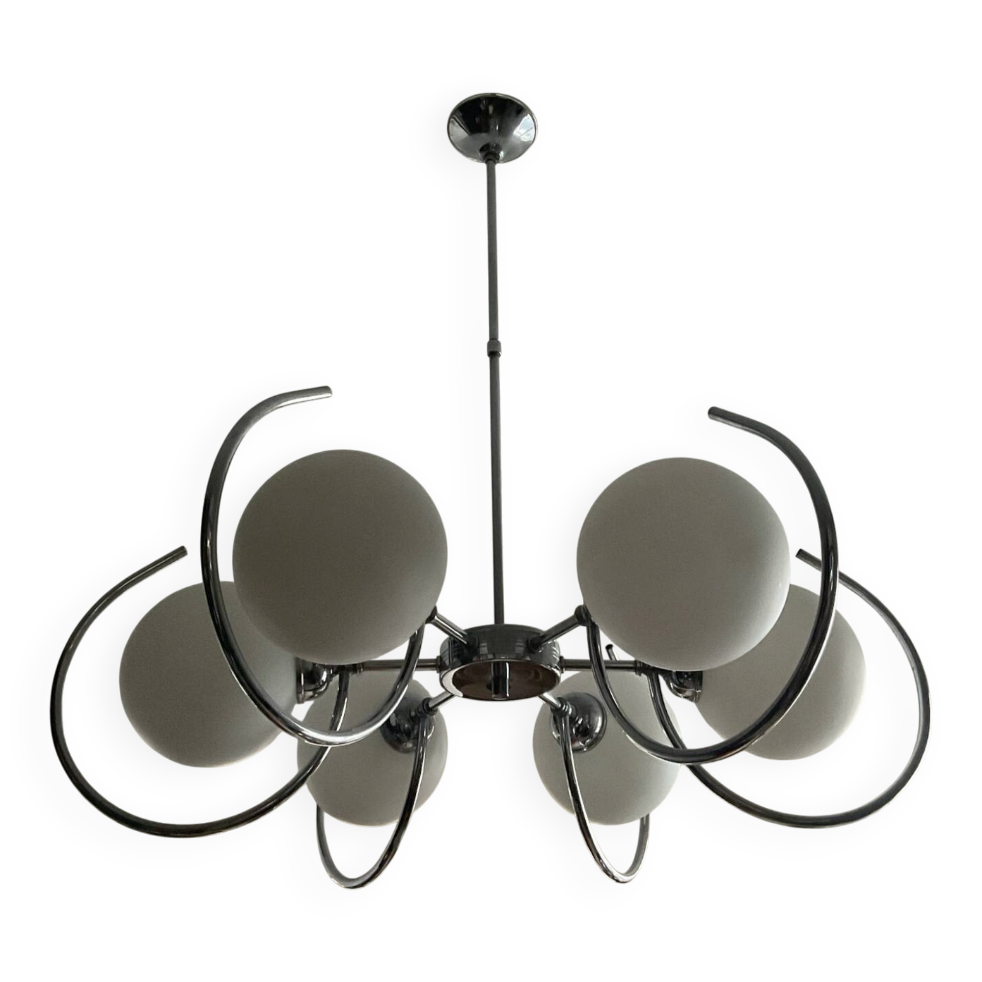 Art Deco chandelier with 6 lights in opaline glass and chrome metal.