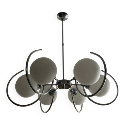 Lustre Art Déco 6 feux en verre opalin et métal chromé