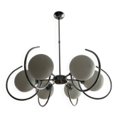 Art Deco chandelier with 6 lights in opaline glass and chrome metal.