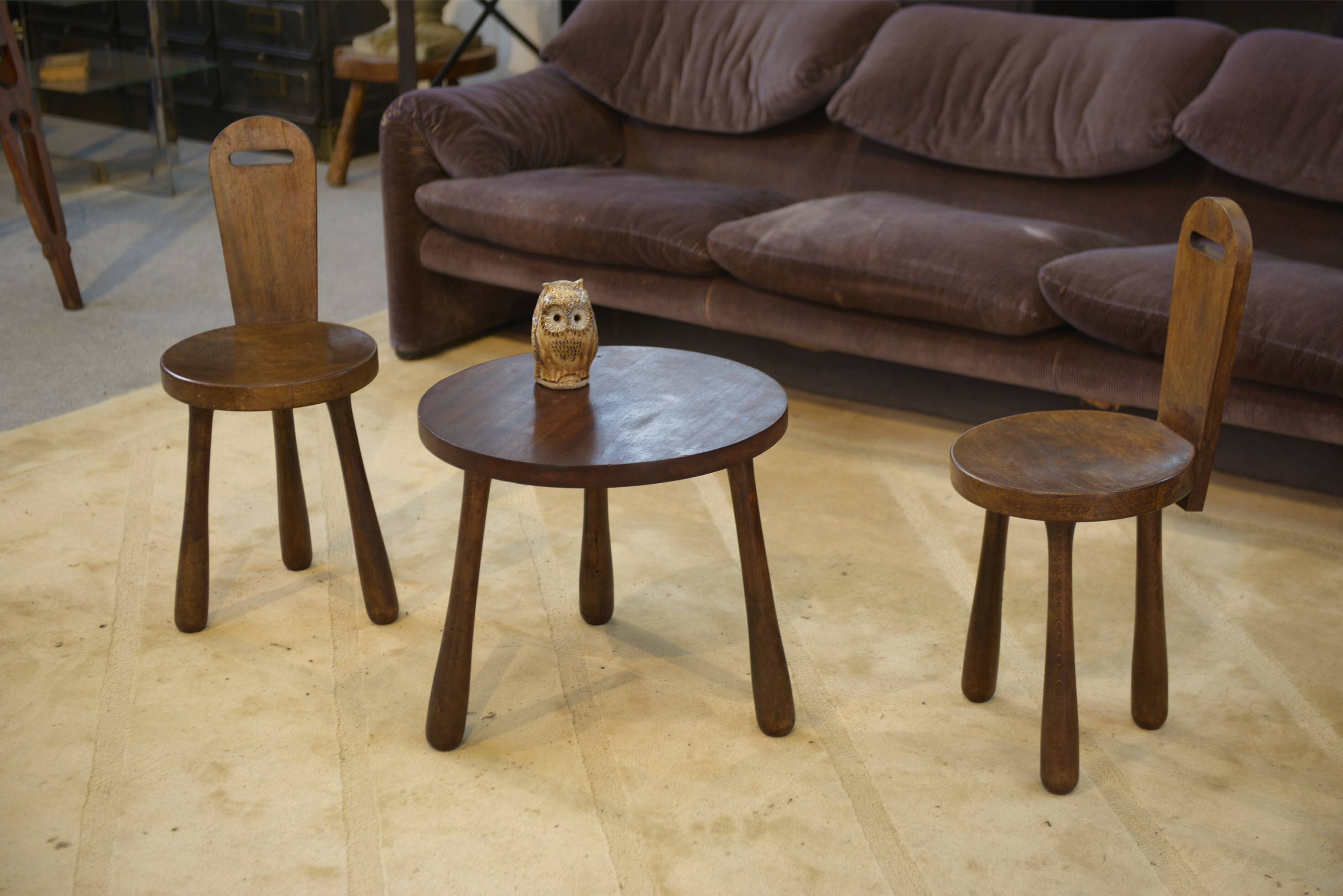 Ensemble de 2 chaises et une table brutaliste pour enfant 1960’s