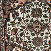 Antique handmade Hamadan Persian rug, ivory medallion on dark background 148x103.