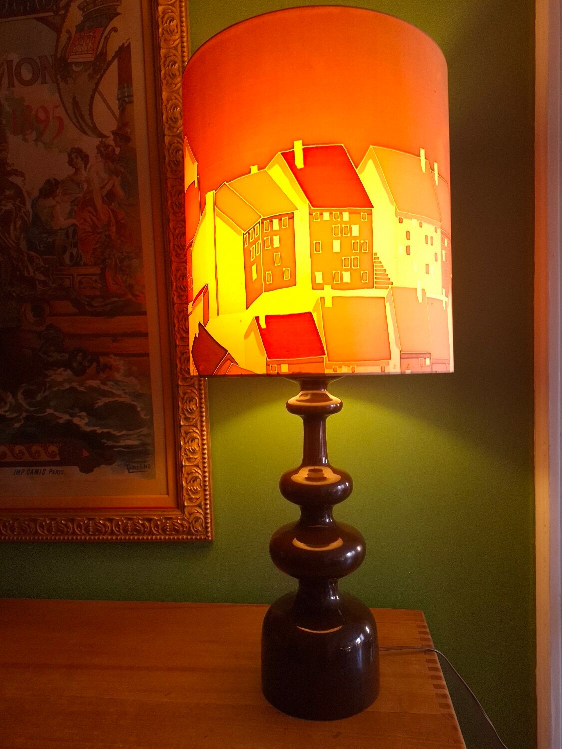 Vintage 70s lamp with a silk shade.