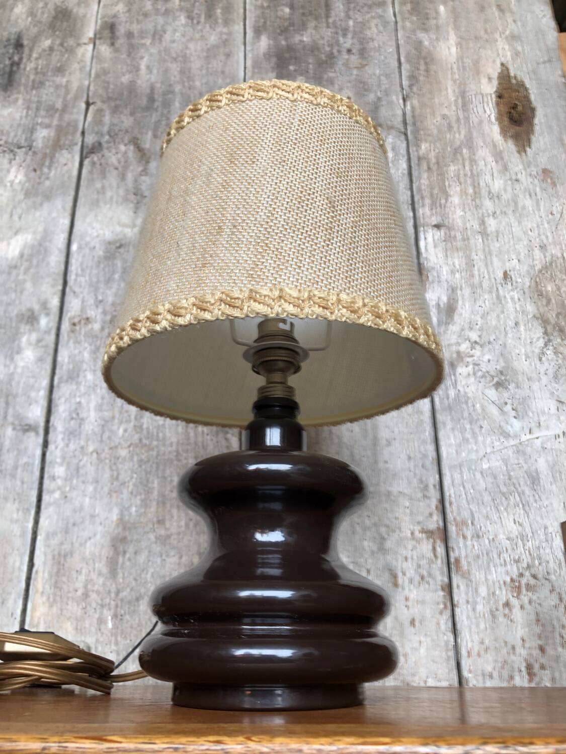 Old Brown Molded Glass Lamp + Beige Lampshade 70's Vintage #A832
