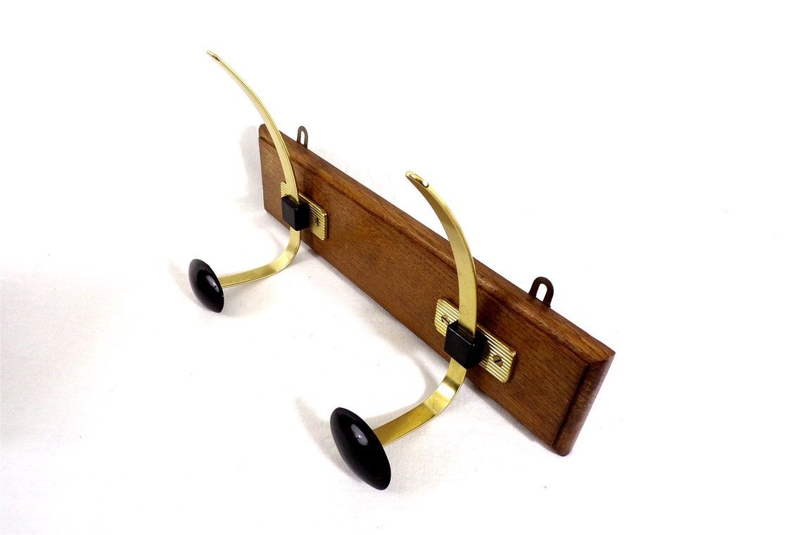 Vintage hook coat rack in gilded metal and vintage wood France