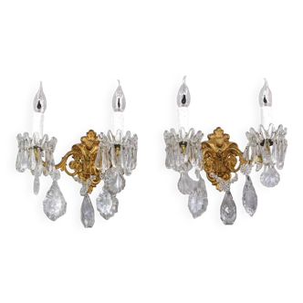 Pair of wall lamps with crystal tassels in solid bronze, Louis XVI style