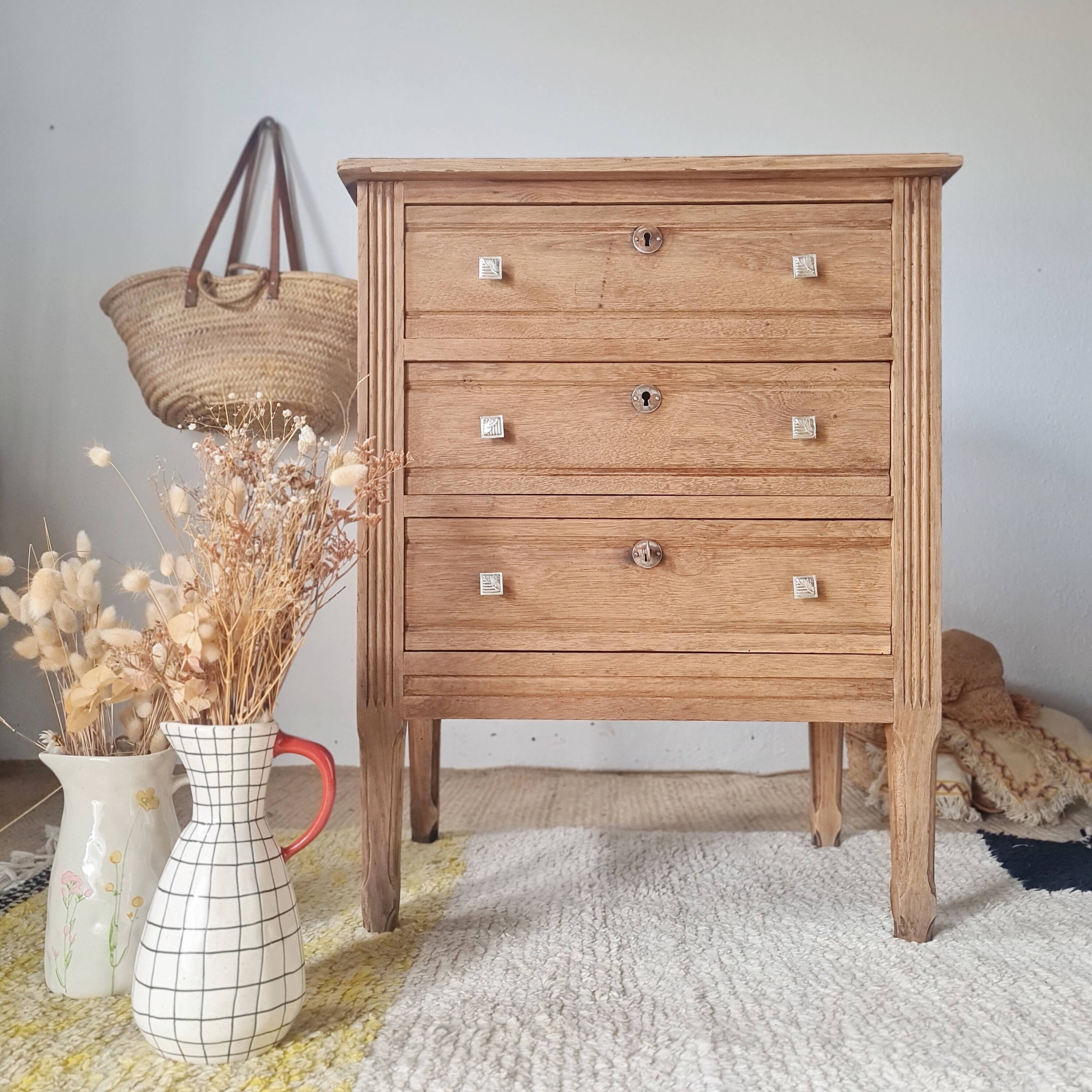 Petite commode 3 tiroirs bois brut- finition bois brut - 81 cm