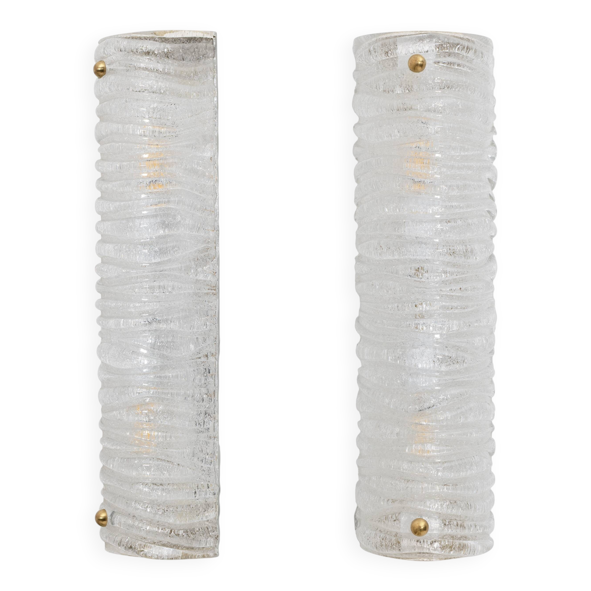 Pair of Barovier & Toso Art Decò Brass and Textured Murano Glass Sconces