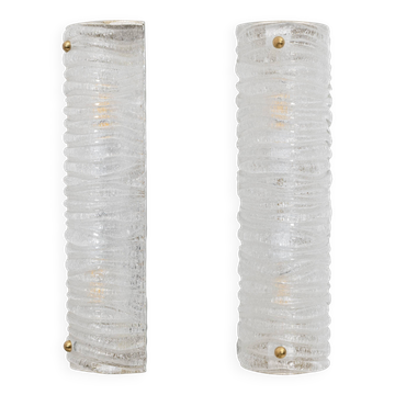 Pair of Barovier & Toso Art Decò Brass and Textured Murano Glass Sconces