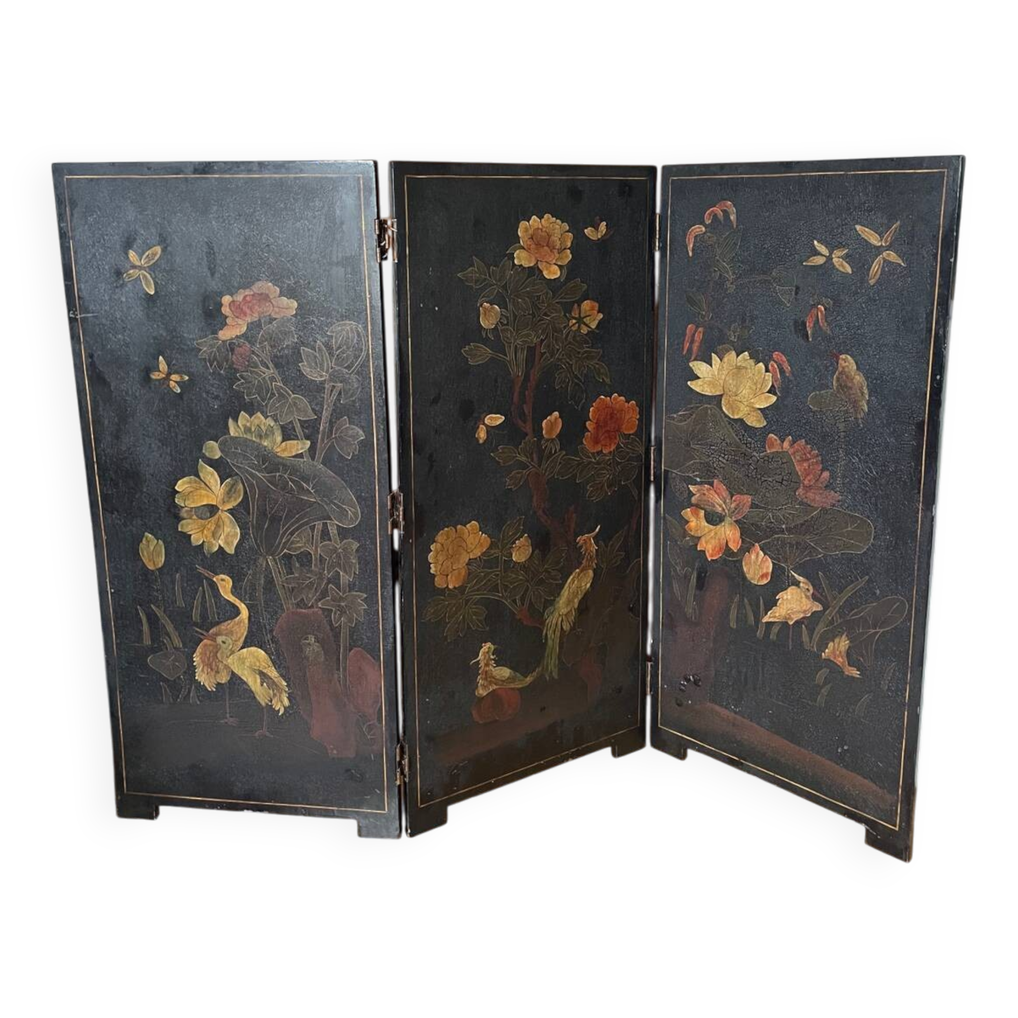 Japanese screen with 3 painted wooden panels