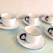 Set of eight white porcelain cups with blue edging / vintage 70s-80s
