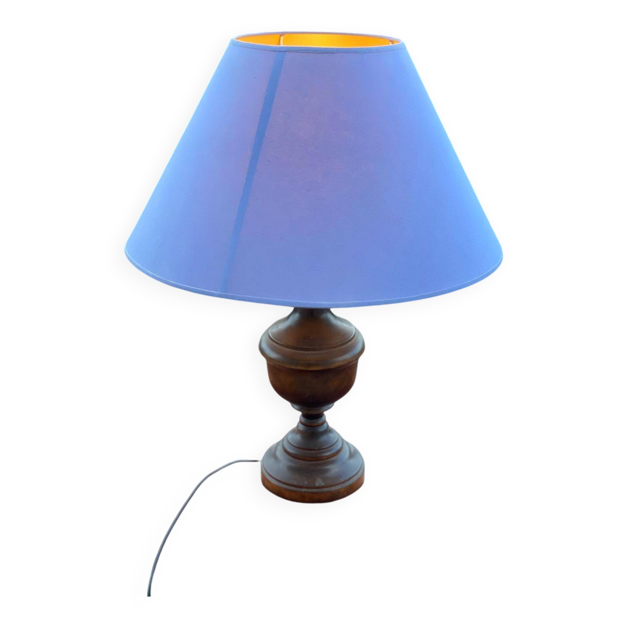 Vintage wooden bedside or table lamp with sky blue lampshade
