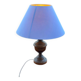 Vintage wooden bedside or table lamp with sky blue lampshade