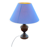 Vintage wooden bedside or table lamp with sky blue lampshade