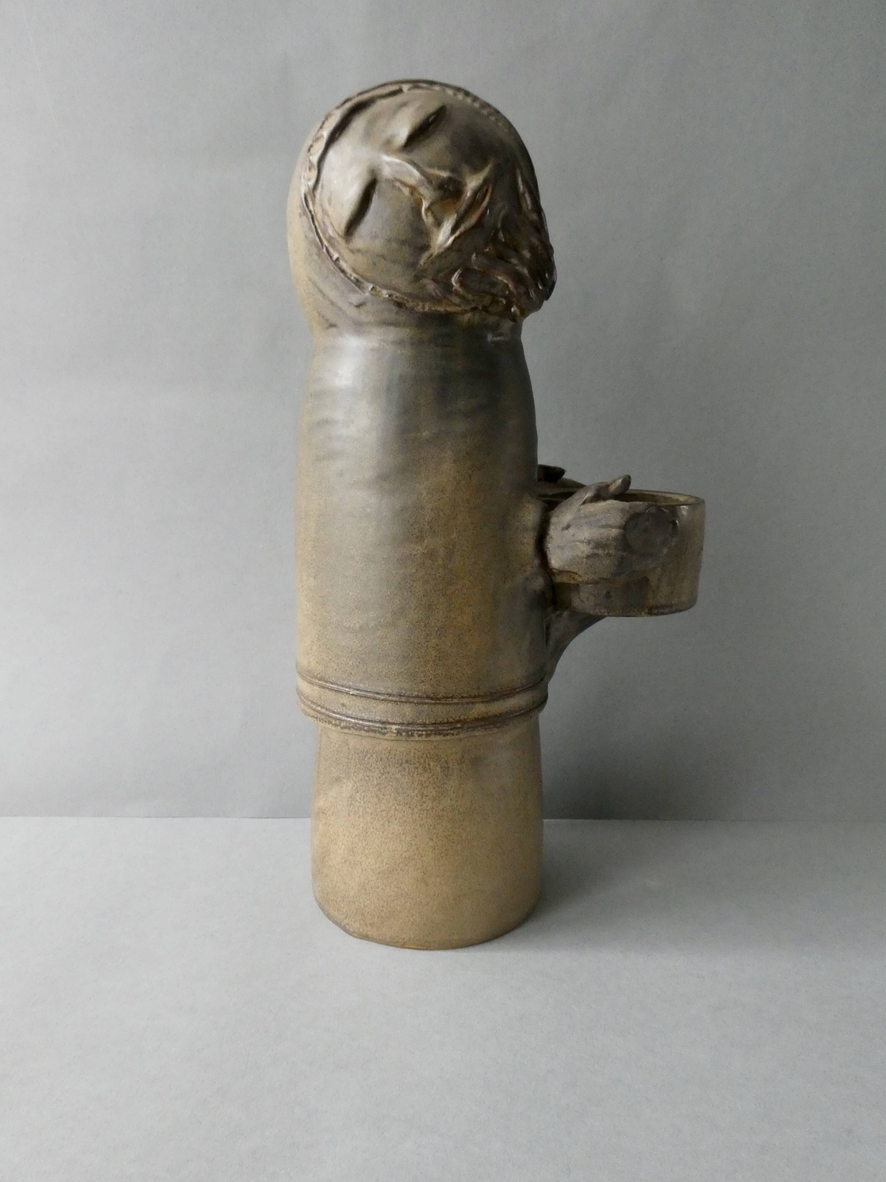 Large stoneware candlestick signed Denise Pointu, stoneware from Puisaye