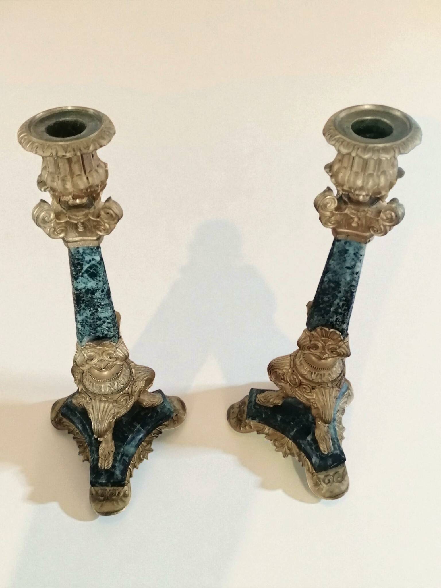 Pair of Empire/Restoration style candlesticks - green marble and bronze.