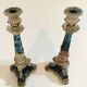 Pair of Empire/Restoration style candlesticks - green marble and bronze.