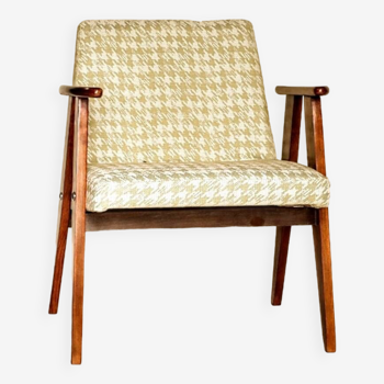 Fauteuil vintage style rétro dèsign par Chierowski 366 pied de poule blanc/vert teck couleur de bois chaise de salon rénové