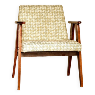 Fauteuil vintage style rétro dèsign par Chierowski 366 pied de poule blanc/vert teck couleur de bois chaise de salon rénové